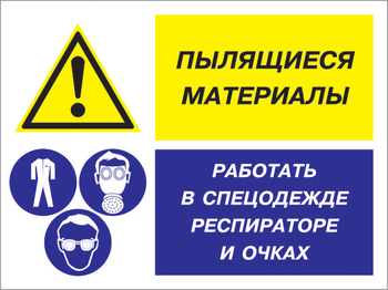 Кз 87 пылящиеся материалы - работать в спецодежде, респираторе и очках. (пластик, 400х300 мм) - Знаки безопасности - Комбинированные знаки безопасности - Магазин охраны труда ohranatruda-shop.ru